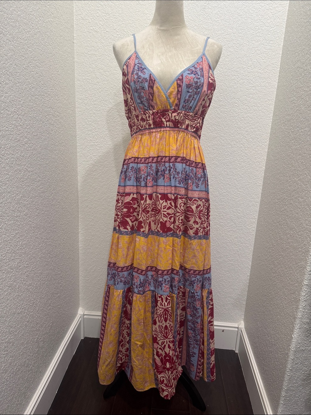Japna Bohemian Floral Tiered Maxi Dress in Yellow, Blue & Burgundy